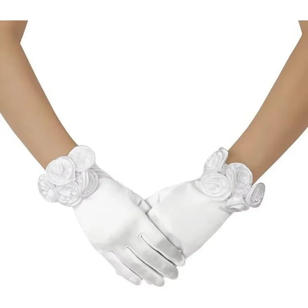 Women's Blue Elegant Floral Satin Short Gloves Wedding Dress Party Accessories